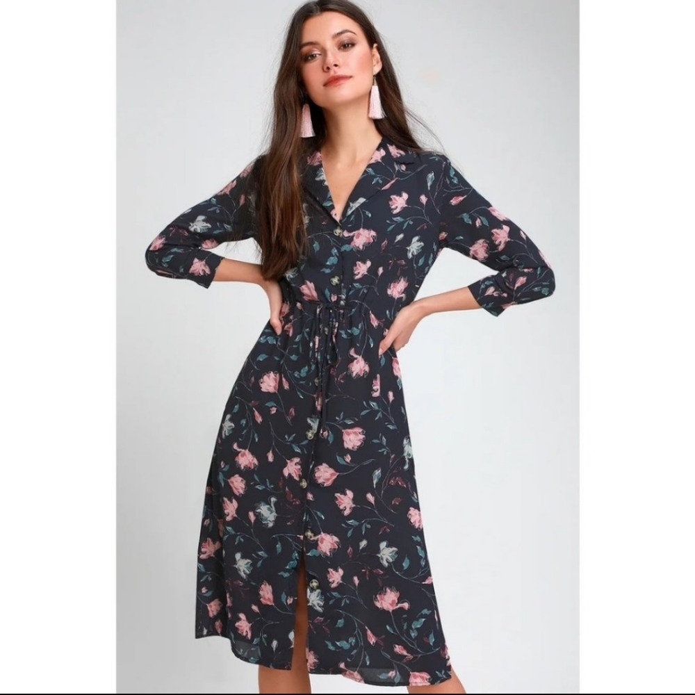 NWT Lulu's Rue navy blue floral shirt dress size small